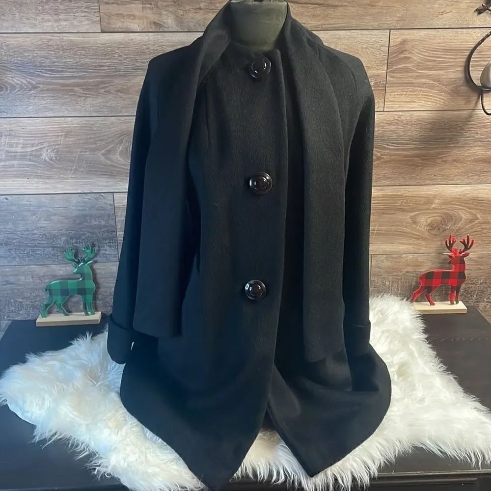 Vintage Ladies Button Up Black Coat with attached Scarf